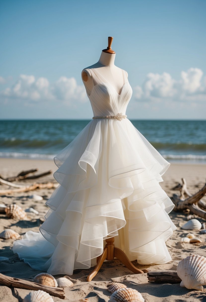 A flowing, sheer-layered wedding dress billows in the ocean breeze on a sandy beach, surrounded by seashells and driftwood