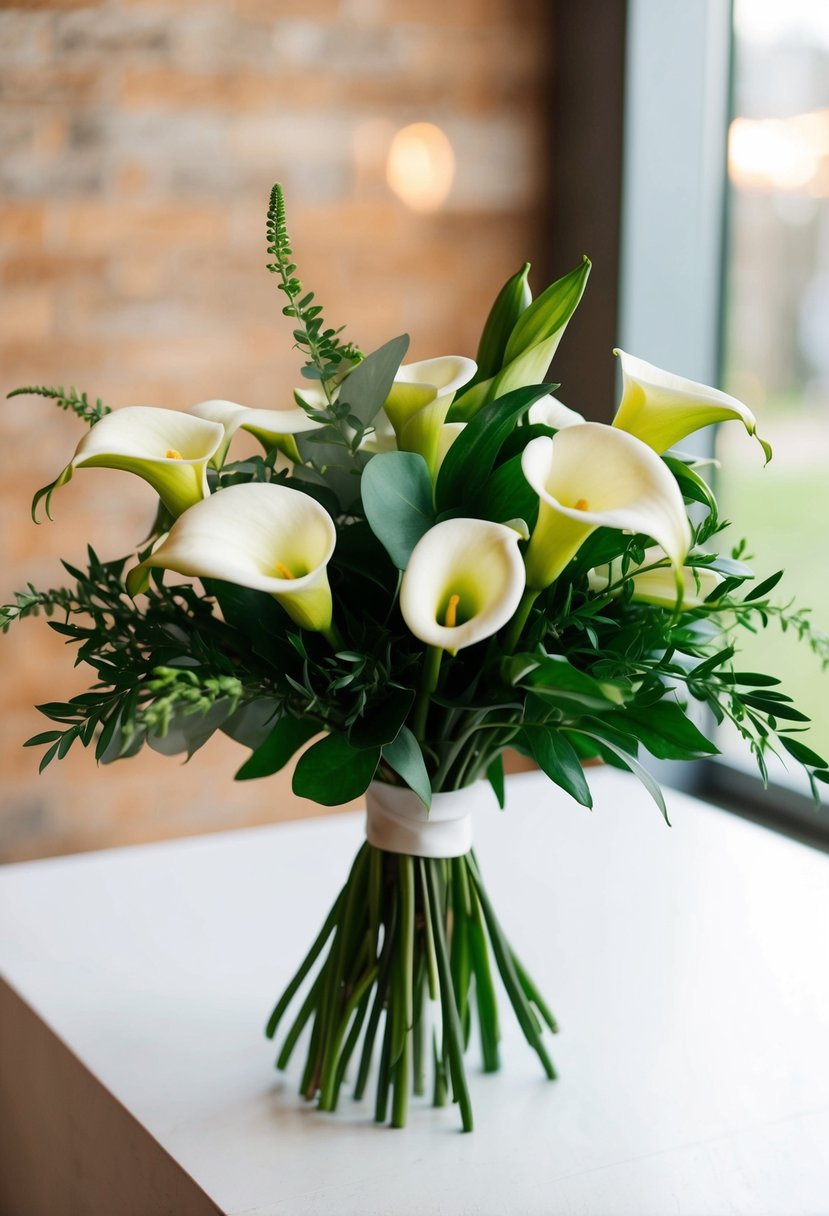 A simple, modern bouquet with calla lilies and greenery