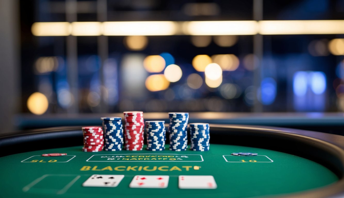 Meja blackjack digital dengan chip dan kartu virtual, diletakkan di latar belakang yang ramping dan modern