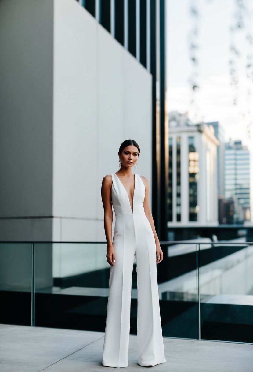 A bride in a sleek modern jumpsuit stands in a minimalist urban setting with bold architectural elements, creating a striking elopement wedding scene