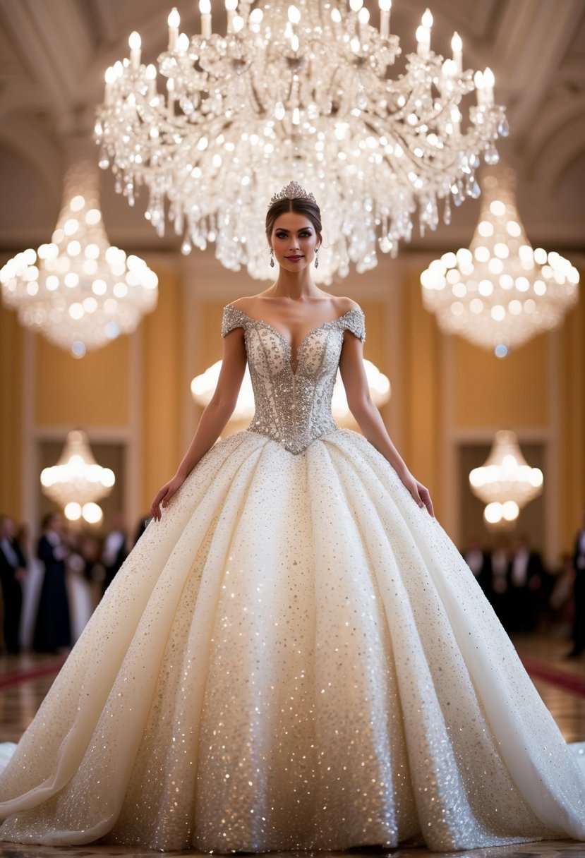 A princess ball gown with shimmering details cascading down a glittering wedding dress, sparkling under the soft glow of chandeliers in a grand ballroom