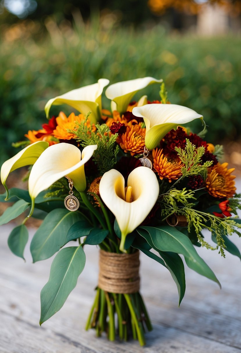 A rustic wedding bouquet with fall calla lilies and charms