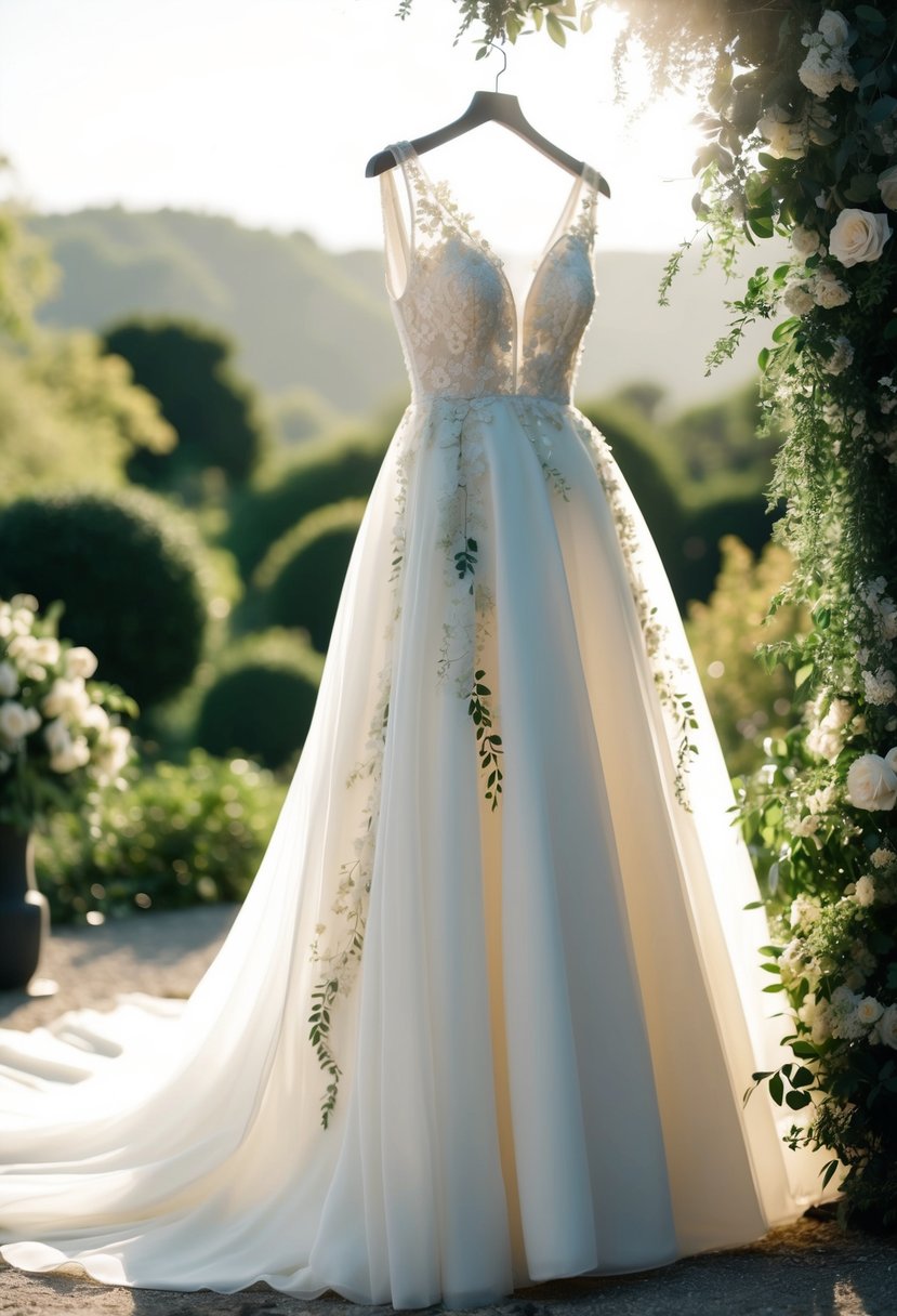 A flowing A-line wedding dress adorned with delicate floral details, set against a dreamy elopement backdrop of lush greenery and soft sunlight