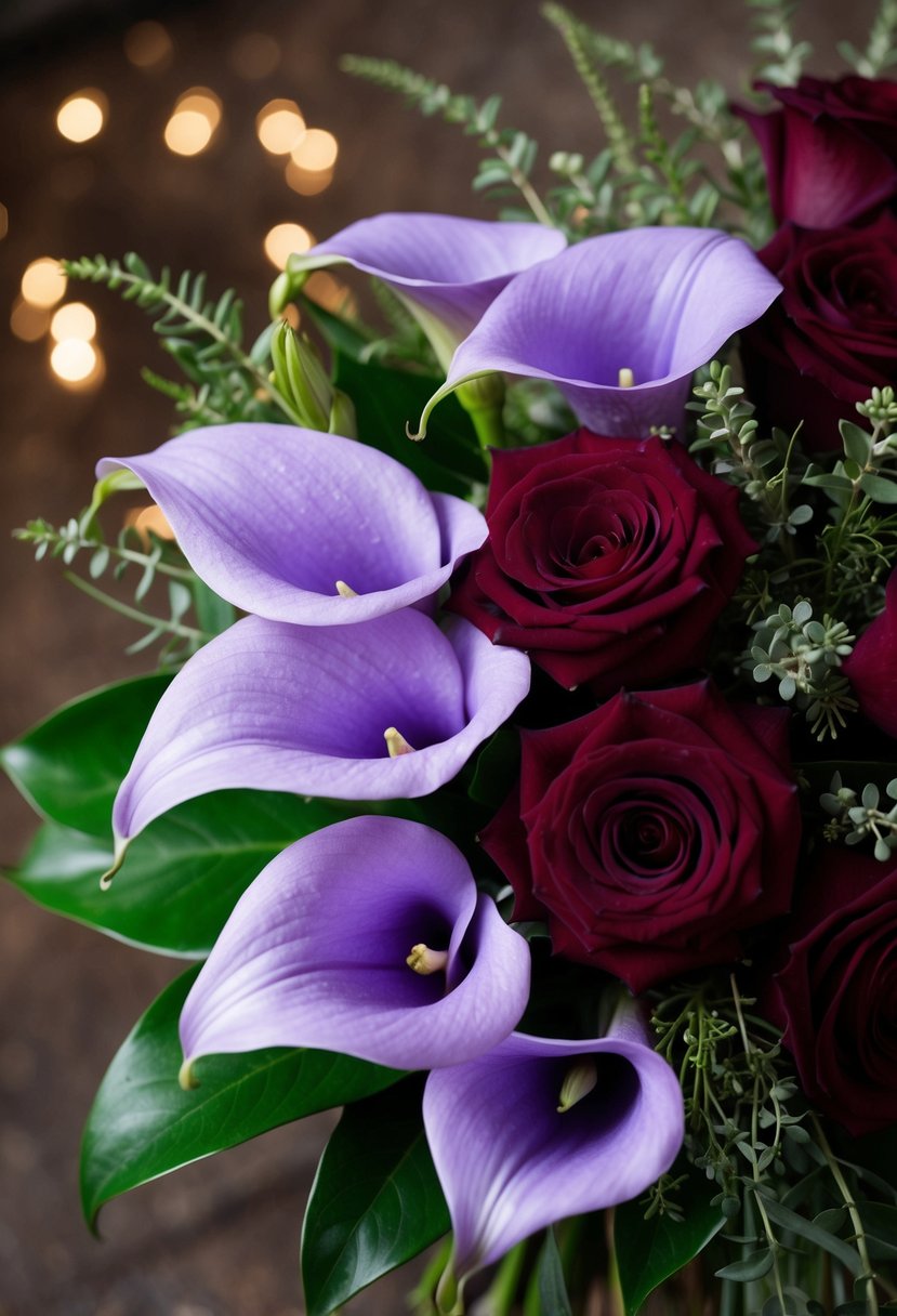 A lush bouquet of lavender calla lilies and deep red roses, accented with delicate greenery