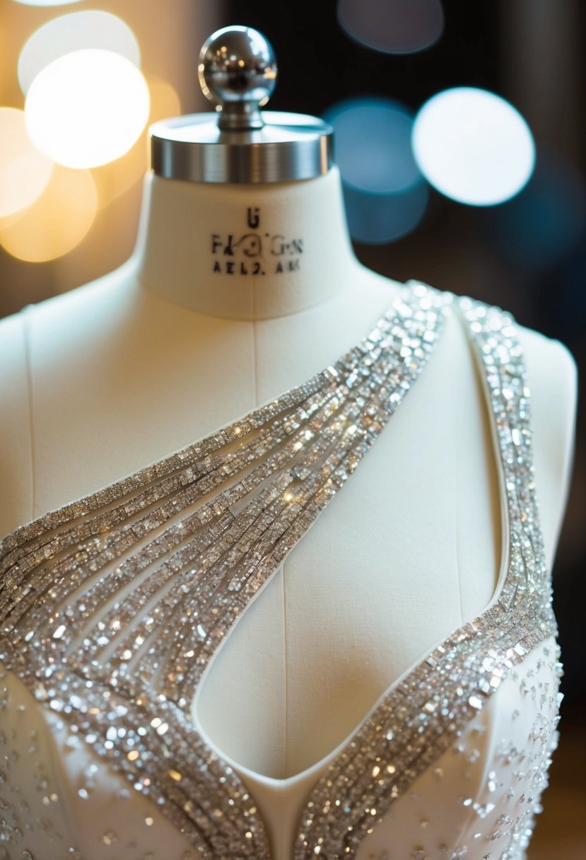 A glittering asymmetrical neckline adorns a wedding dress, catching the light and sparkling with delicate details