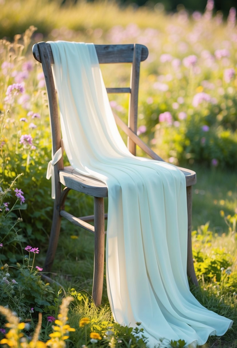 A serene outdoor setting with a flowing sheath dress draped over a rustic wooden chair, surrounded by wildflowers and soft sunlight