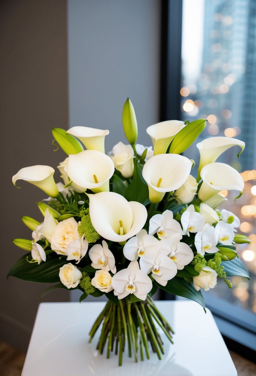 A modern wedding bouquet featuring calla lilies and orchids, arranged in an elegant and stylish manner