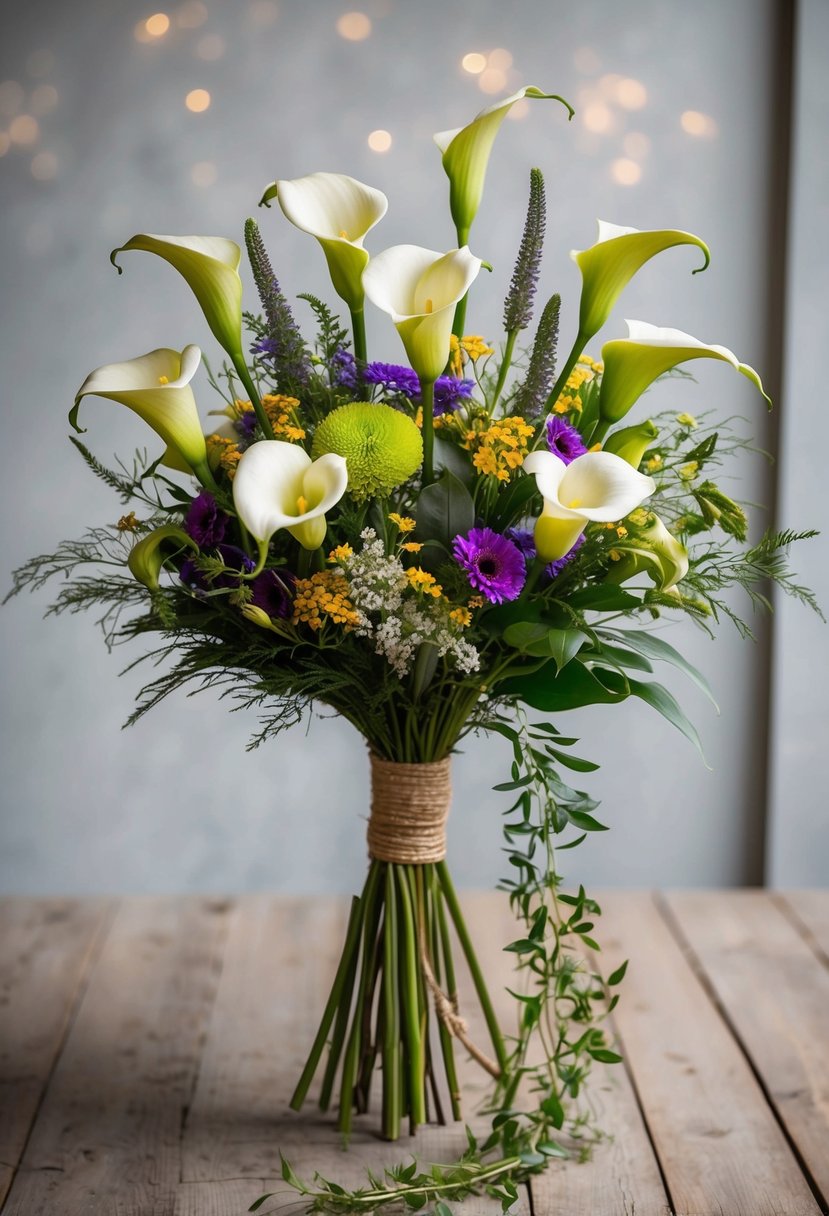 A whimsical bouquet of calla lilies, wildflowers, and kala arranged in a rustic, hand-tied style with trailing greenery