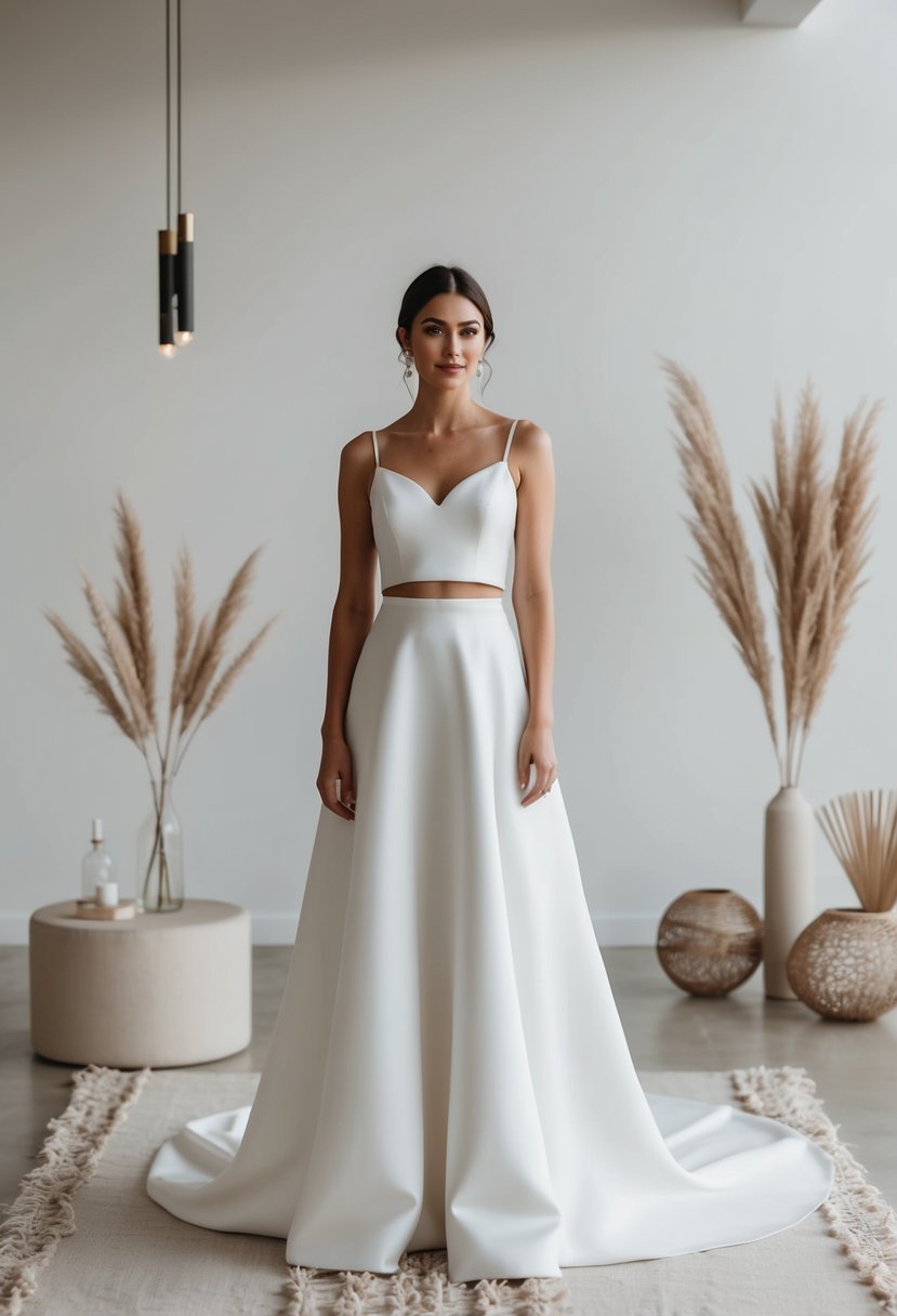 A modern bride in a two-piece wedding dress, standing in a minimalist elopement setting with sleek decor and natural elements