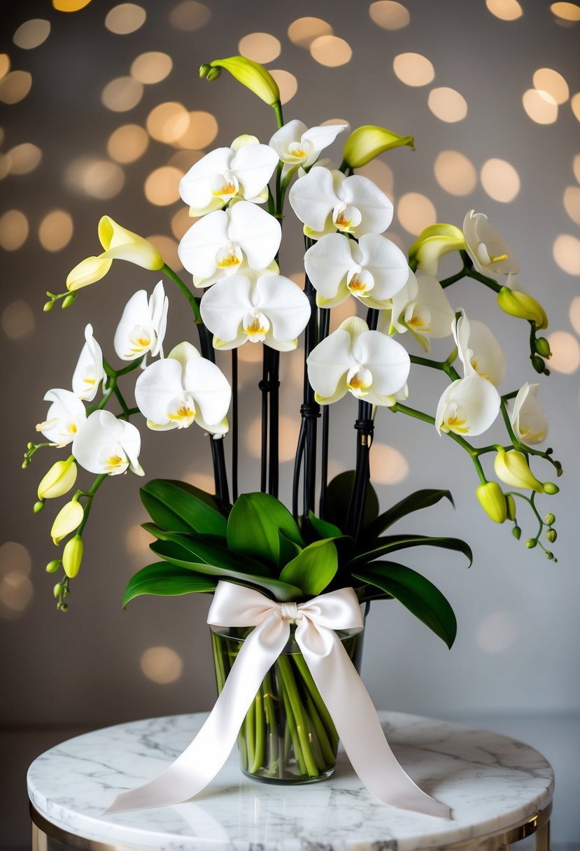 A lush bouquet of white Phalaenopsis orchids and Calla lilies, tied with a satin ribbon, sits on a marble table