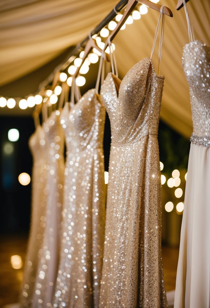 A row of sequined dresses shimmer under soft lights, each one reflecting the sparkle of a romantic event