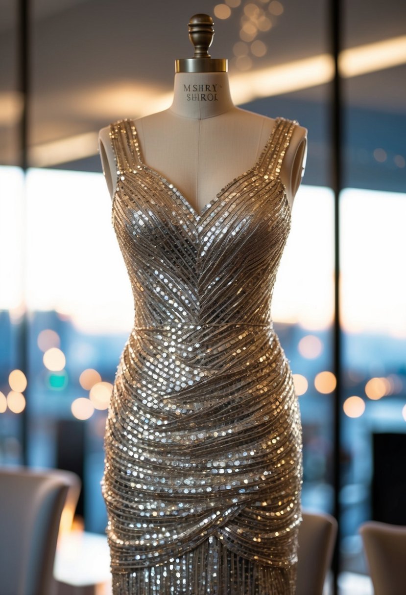 A sheath dress adorned with metallic threads, shimmering under soft lighting