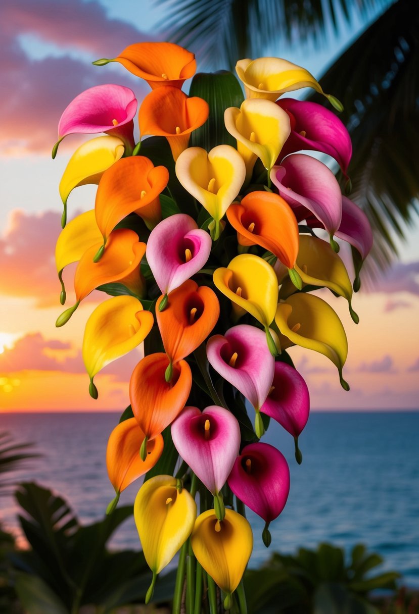 Vibrant calla lilies in shades of orange, pink, and yellow arranged in a cascading bouquet against a backdrop of a stunning tropical sunset