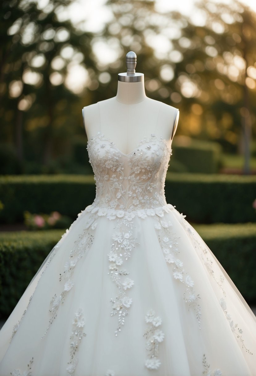 A wedding dress adorned with floral applique and shimmering accents