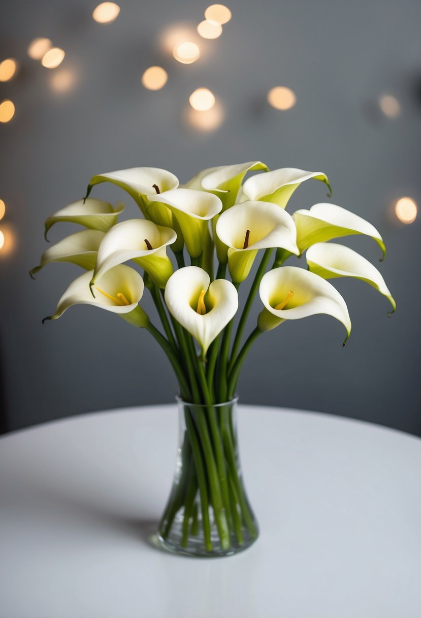 A small cluster of calla lilies arranged in a simple, elegant bouquet