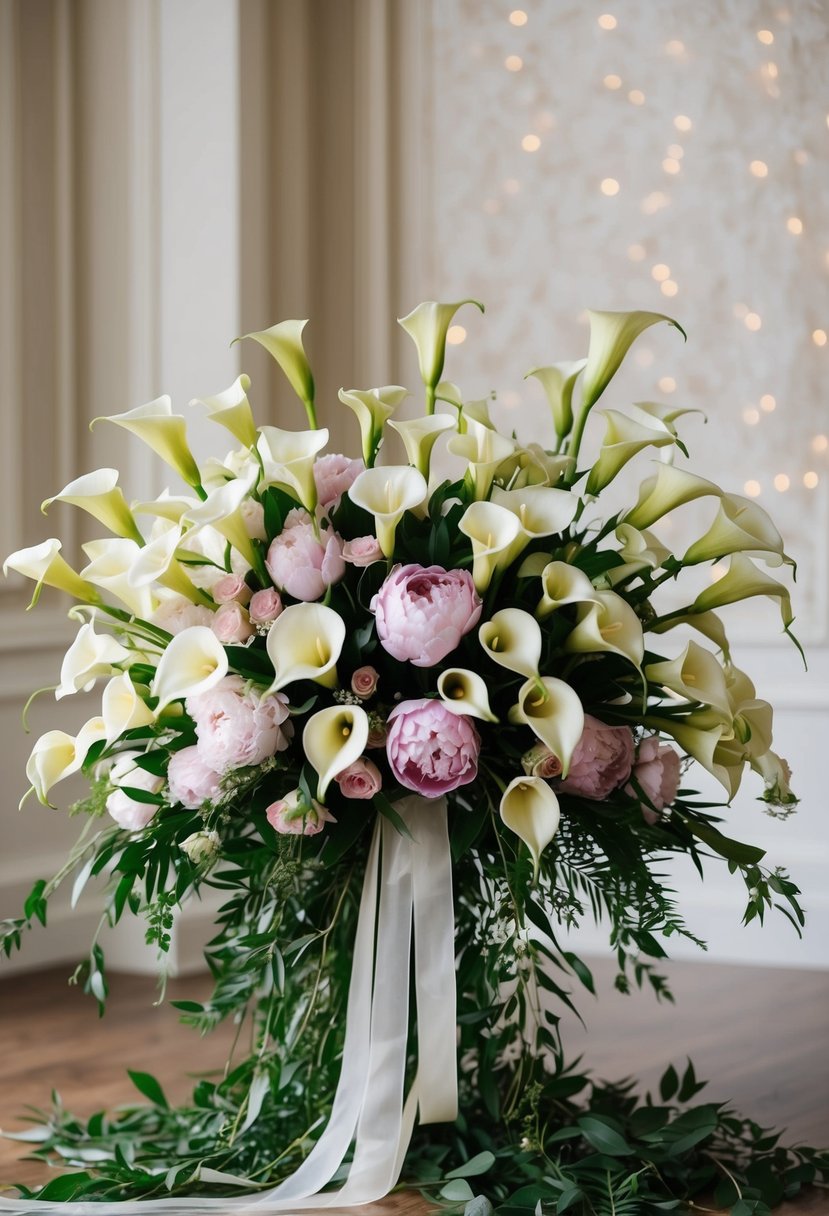 A lavish bouquet of Calla Lilies and Peonies arranged in a cascading style, with lush greenery and delicate ribbon accents