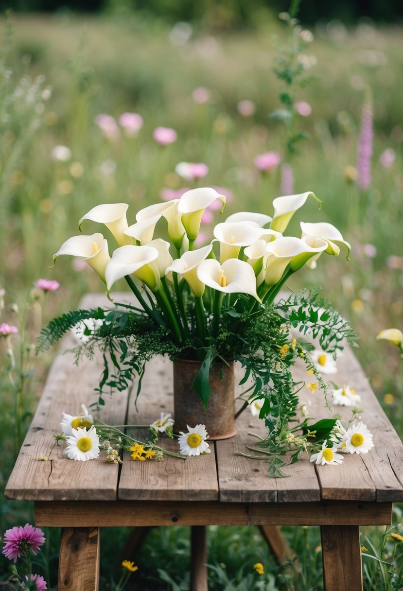 A rustic wooden table adorned with a boho chic Calla Lily arrangement, surrounded by scattered wildflowers and greenery