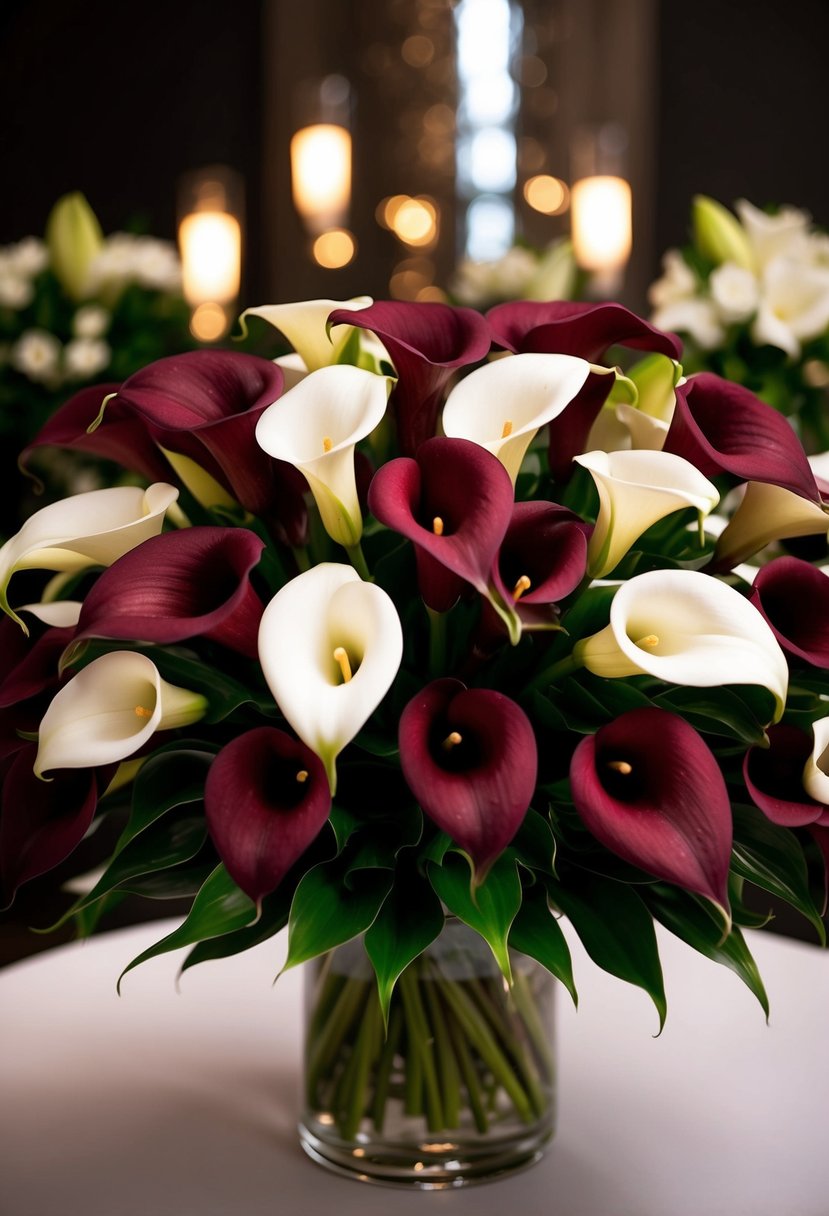 A lush bouquet of burgundy and white calla lilies arranged in a dramatic and elegant display