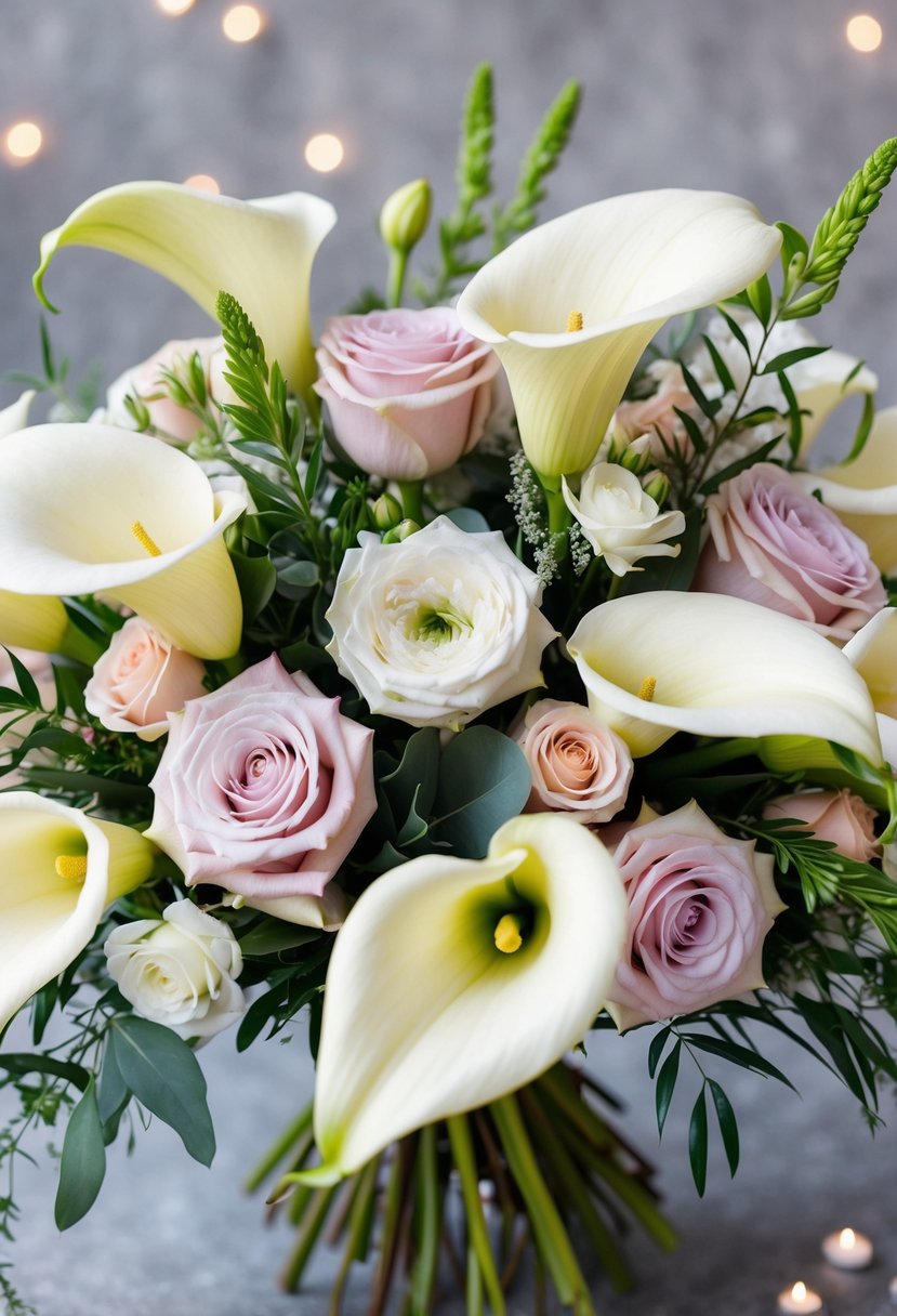 A pastel mix of calla lilies, roses, and greenery arranged in a delicate wedding bouquet