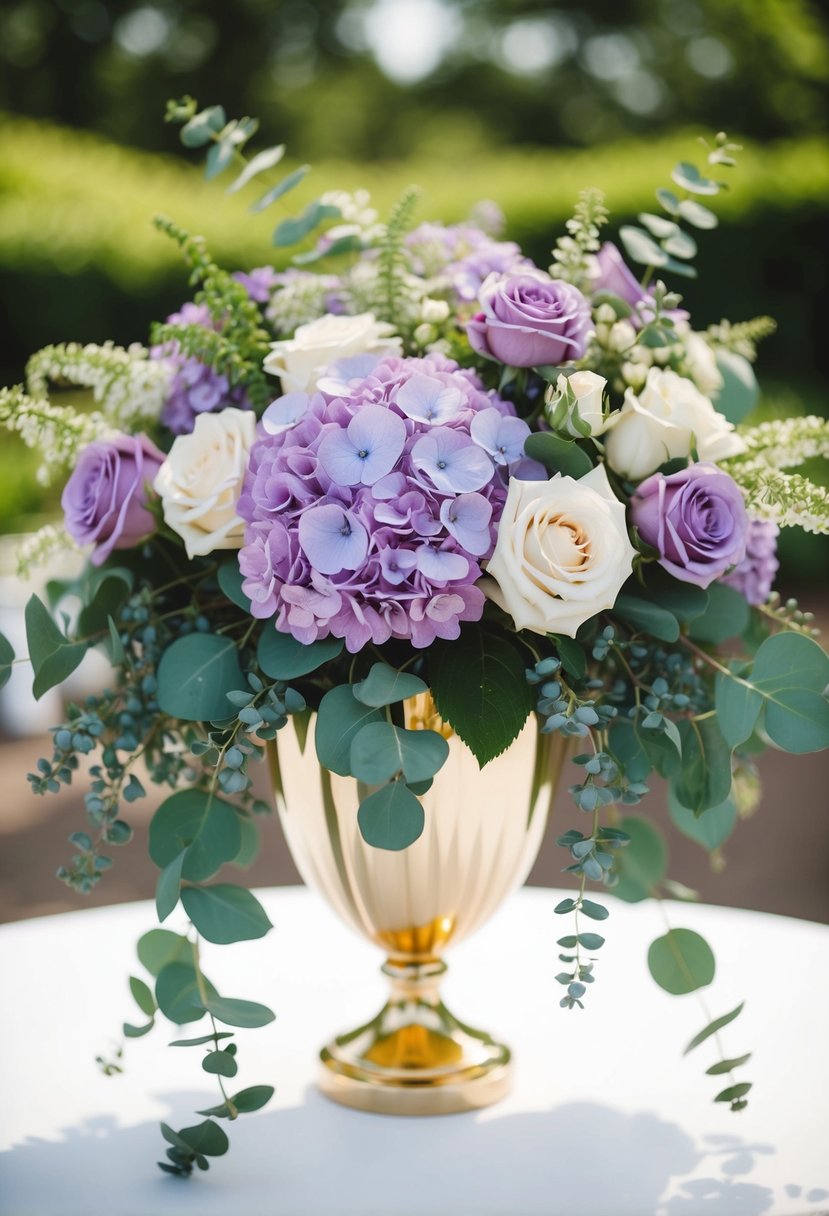 A lush violet wedding bouquet with hydrangeas, roses, and eucalyptus cascading from a gold-trimmed vase