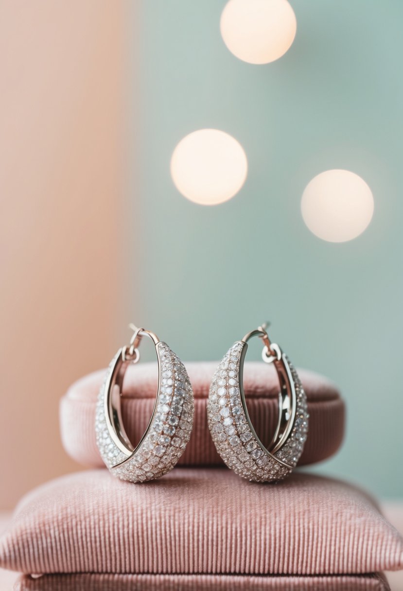 Exquisite, sparkling earrings displayed on a velvet cushion against a soft, pastel background