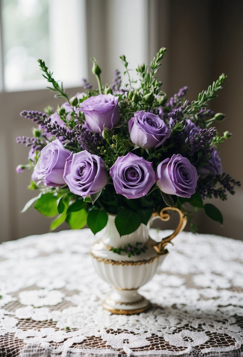 A delicate bouquet of lavender and violet roses, intertwined with greenery, sits in a vintage-inspired vase on a lace-covered table