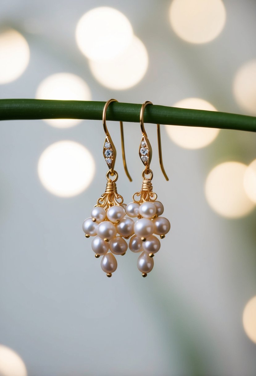 A close-up of pearl cluster drop earrings against a soft, blurred background, capturing their elegant and intricate design