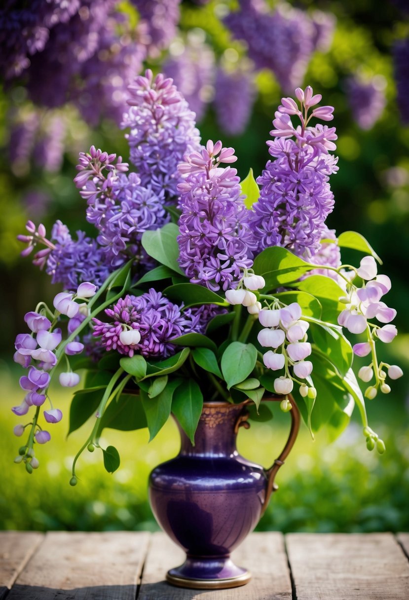 A lush bouquet of purple lilacs and sweet peas in a vintage vase