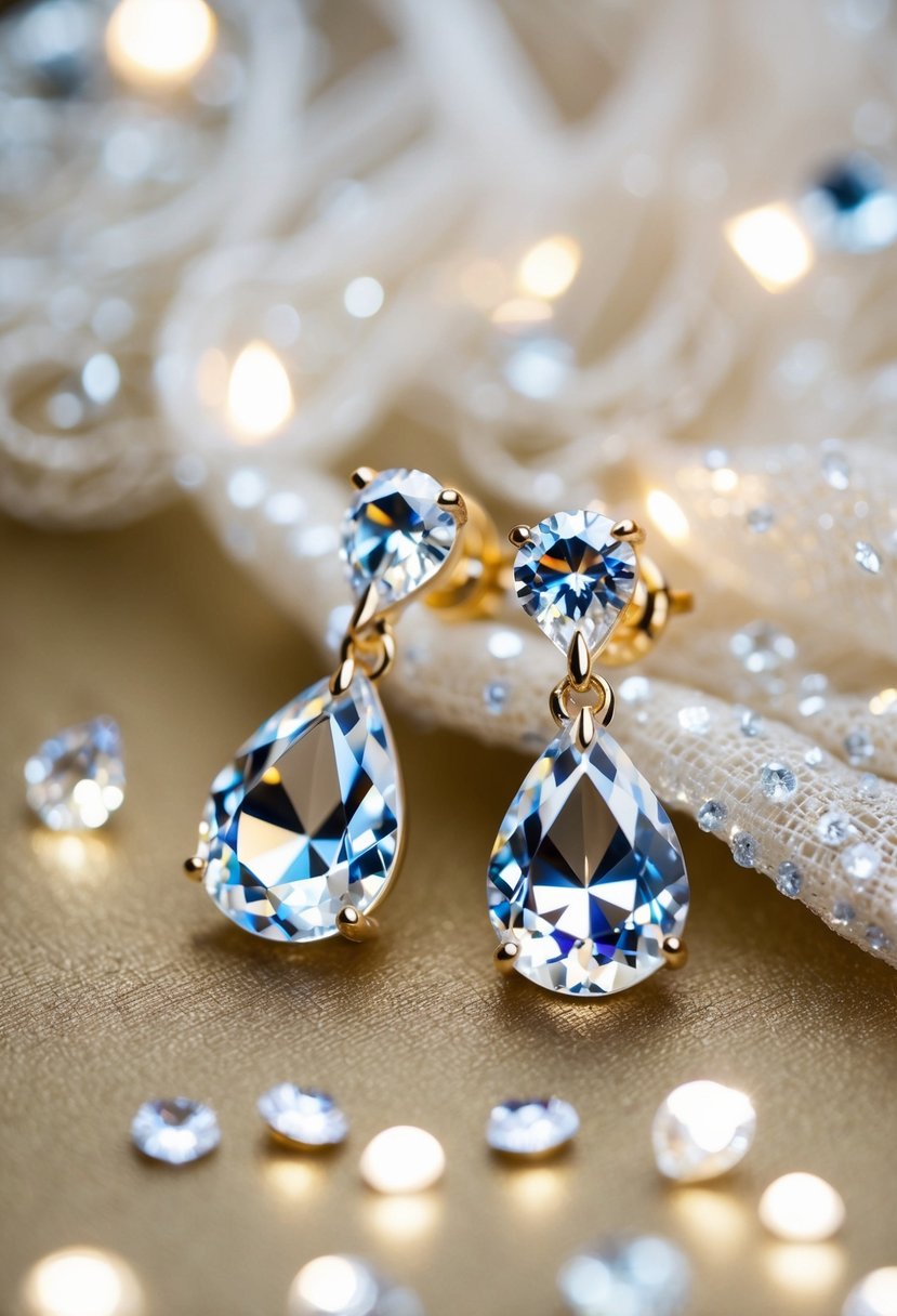 A pair of crystal teardrop earrings sparkling under soft lighting, surrounded by delicate lace and shimmering fabric