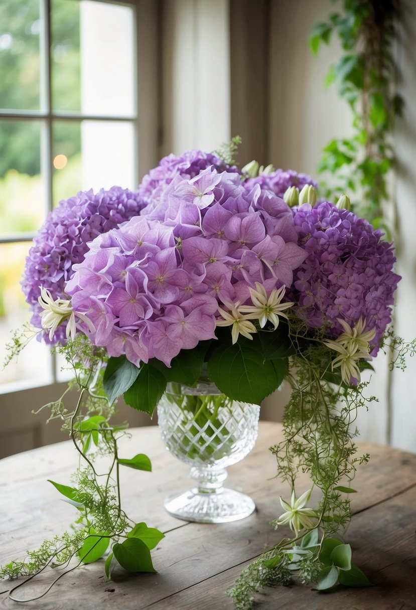 A lush bouquet of violet hydrangeas and clematis, intertwined with delicate greenery, sits in a crystal vase on a rustic wooden table