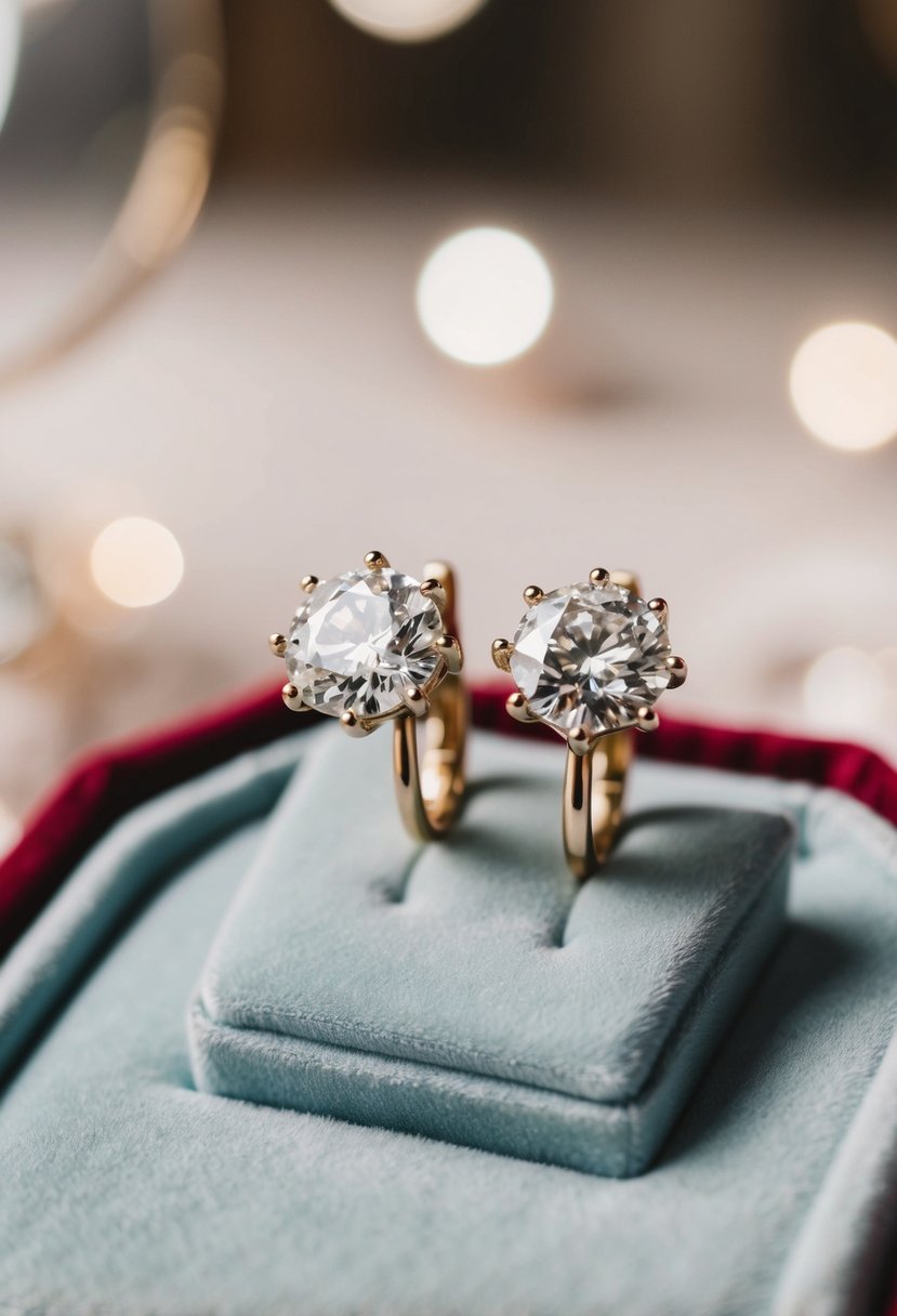 A close-up of elegant vintage diamond stud earrings on a velvet jewelry display