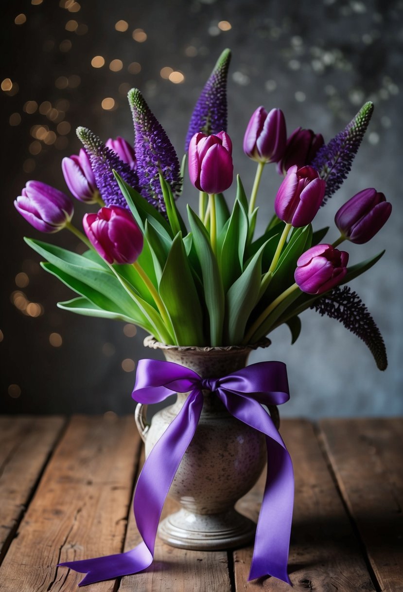 A lush bouquet of tulips and purple scabiosa, tied with a flowing ribbon, sits in a vintage vase on a rustic wooden table