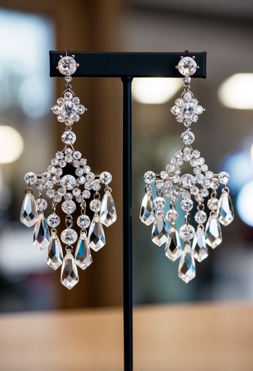 A pair of chandelier crystal earrings hanging from a display stand, catching the light and sparkling with elegance