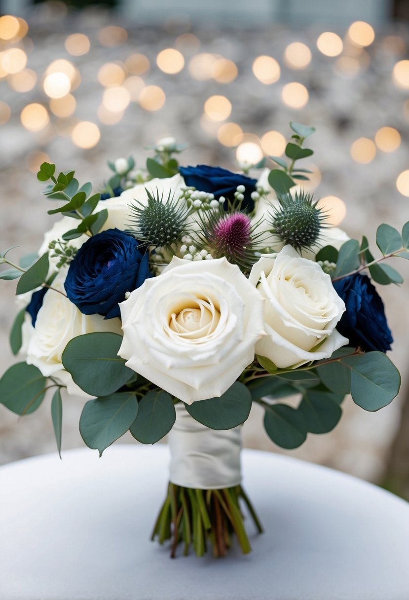 A navy wedding bouquet with white roses, eucalyptus, and thistles