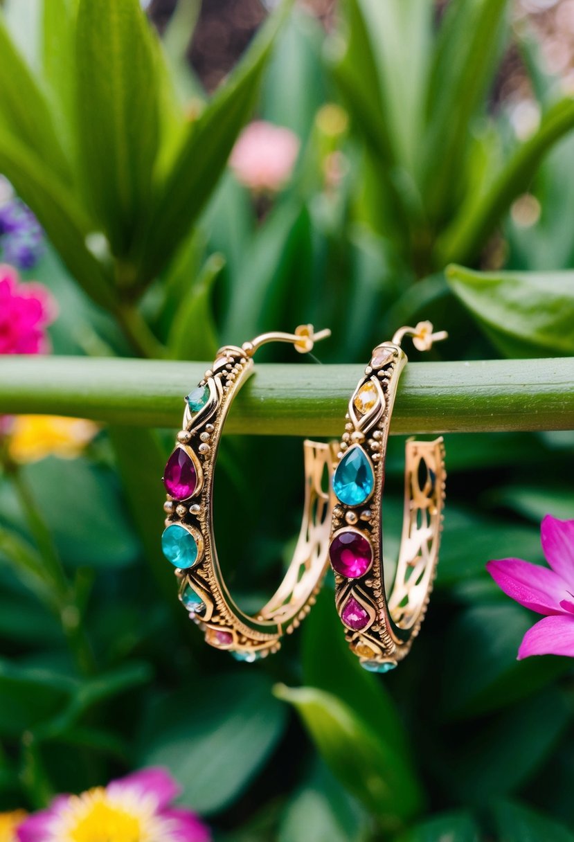 A close-up of bohemian hoop earrings with intricate designs and colorful gemstones, set against a backdrop of lush greenery and vibrant flowers