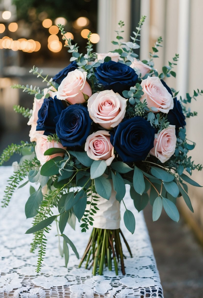 A cascading bouquet of navy and blush roses, accented with greenery, sits on a white lace tablecloth