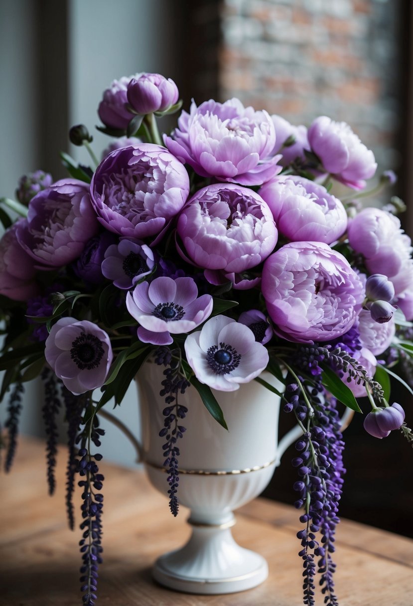 A lush bouquet of lavender peonies and violet anemones cascading from a delicate vase