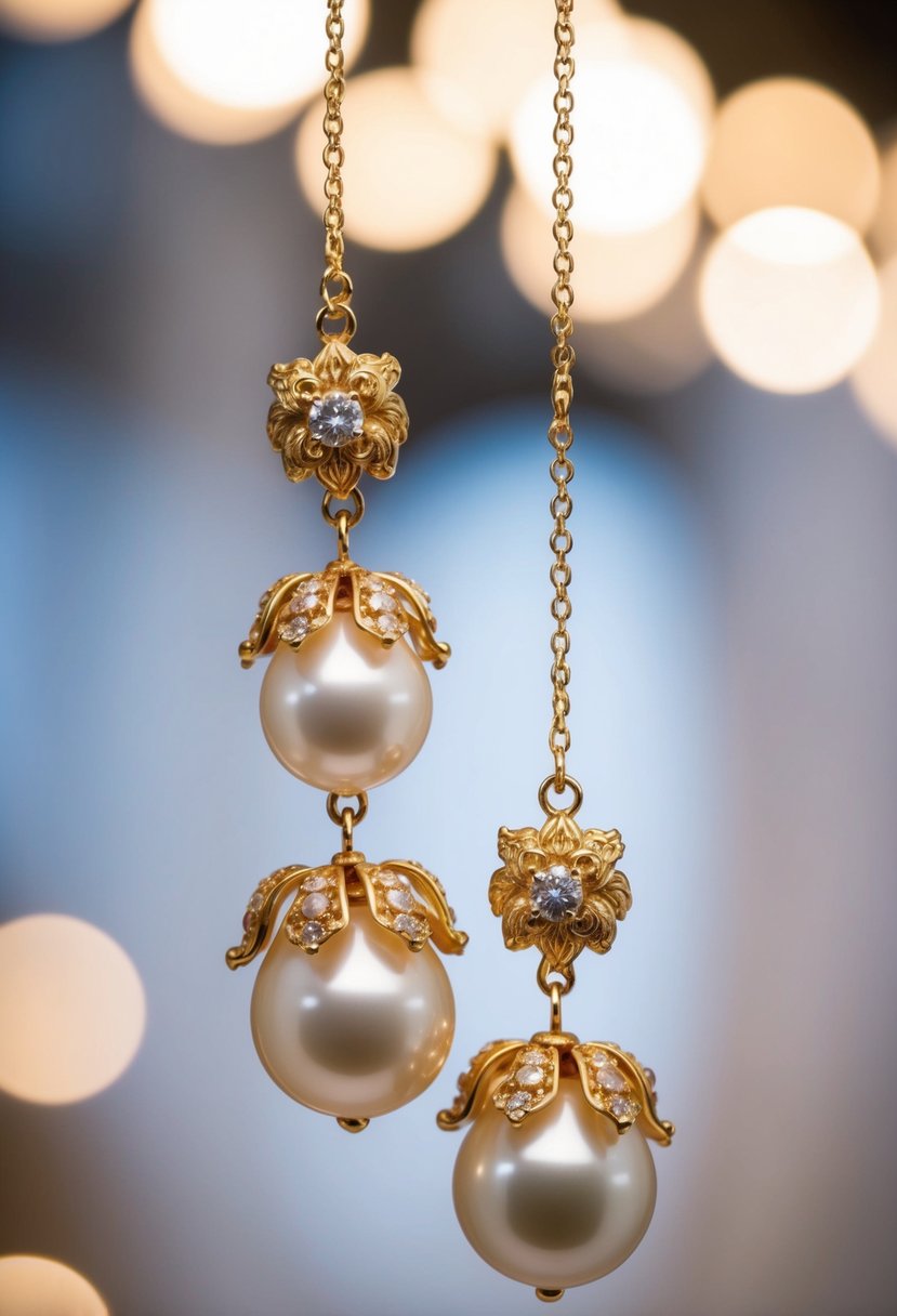 A luxurious pair of baroque pearl earrings suspended from a delicate gold chain, catching the light in a regal and opulent manner