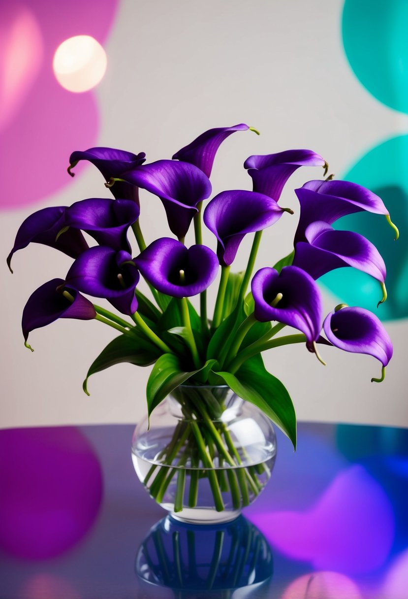 A small bouquet of violet calla lilies arranged in a modern, abstract style with bold, contrasting colors