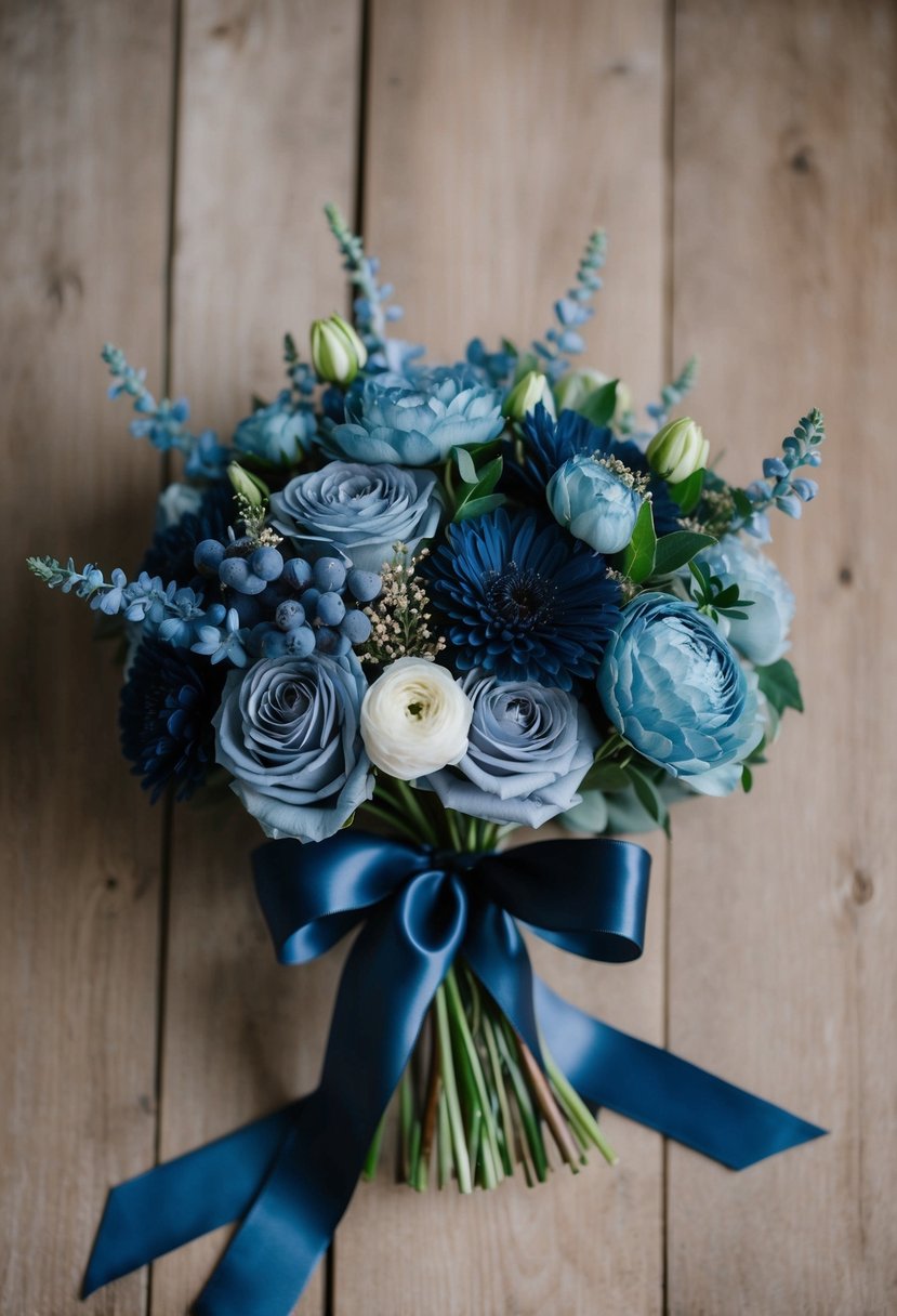 A round bouquet of dusty blue and navy flowers, tied with a satin ribbon