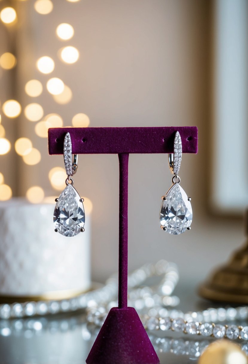 A sparkling pair of cubic zirconia drop earrings displayed on a velvet jewelry stand, surrounded by soft lighting and elegant decor