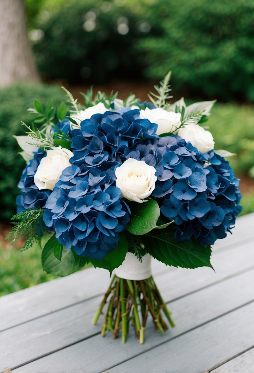 A lush navy blue hydrangea bouquet with greenery and white accents