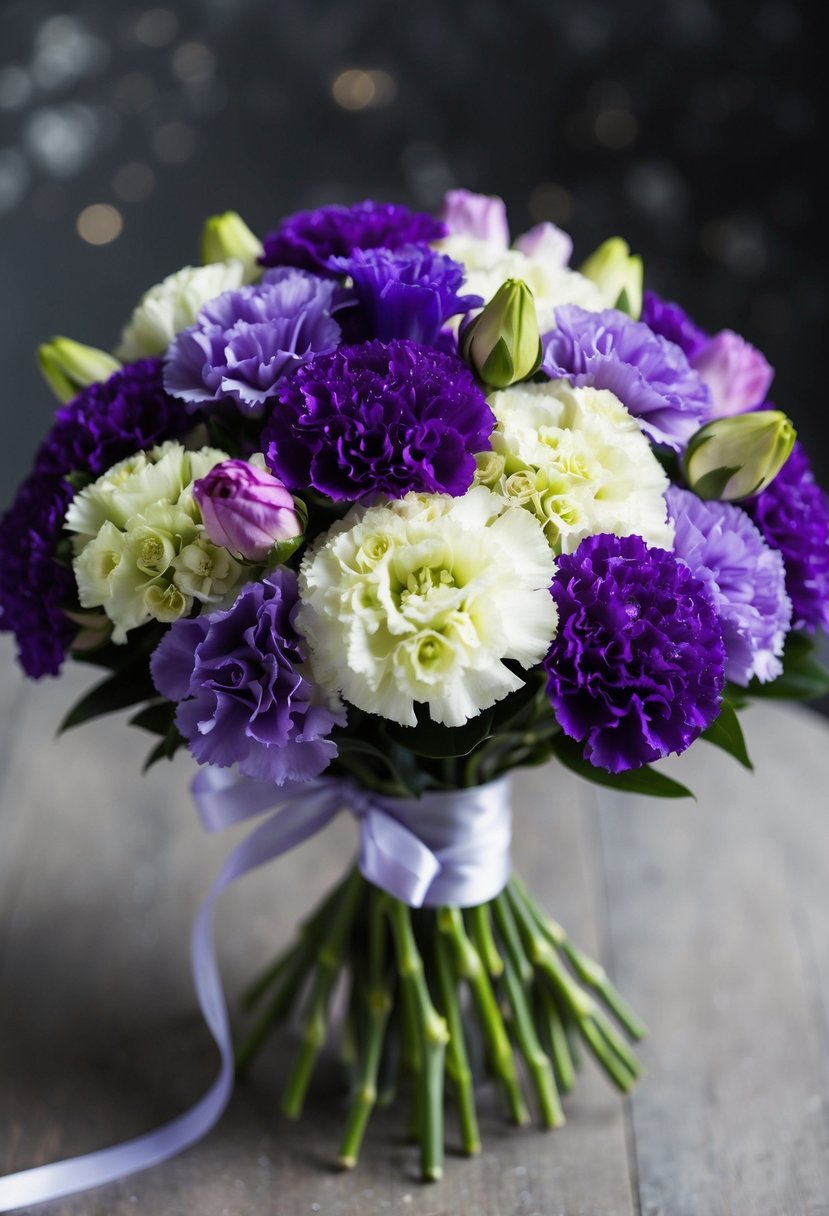 A lush bouquet of lisianthus and purple carnations in a variety of shades, tied together with a delicate ribbon