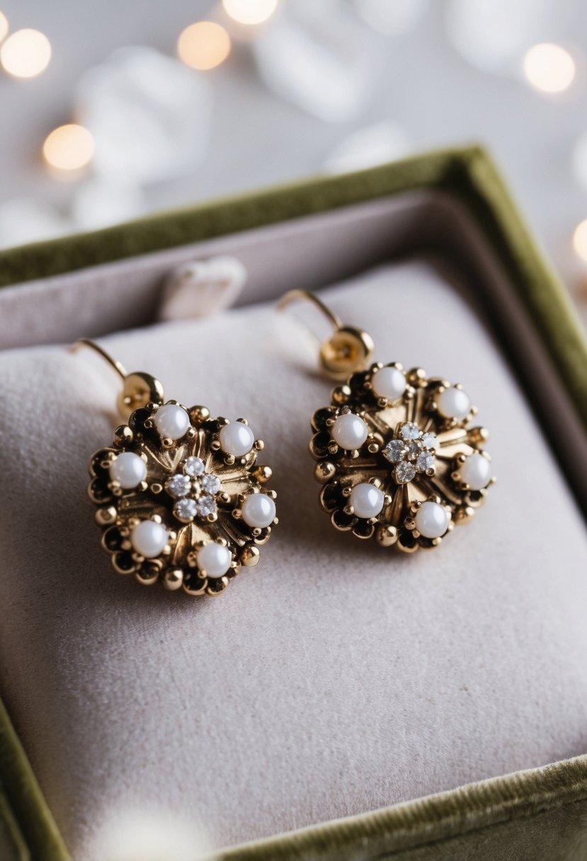 A pair of elegant floral studded earrings showcased on a velvet cushion with soft lighting highlighting their intricate details