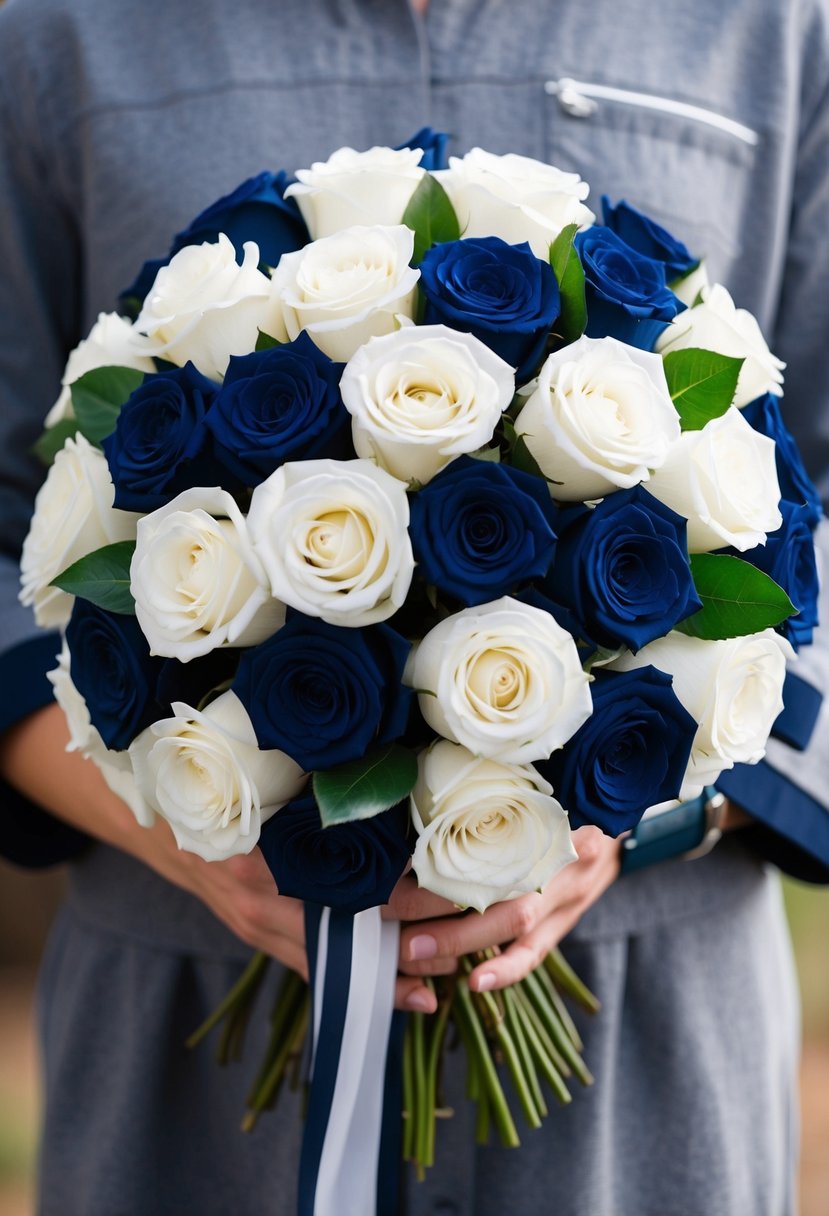 A bouquet of white roses with navy accents, arranged in a cascading style