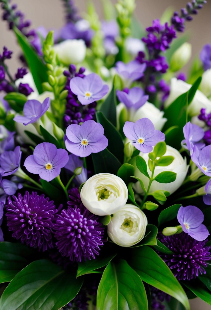 A lush bouquet of purple and white flowers, arranged in a mix of delicate violets and soft petals, with green foliage peeking out