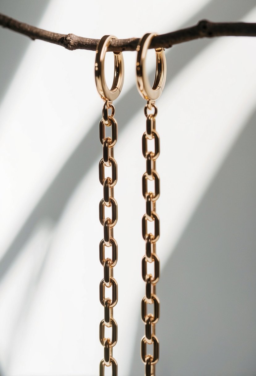 A close-up of elegant, modern chain earrings hanging against a white background, catching the light and casting delicate shadows