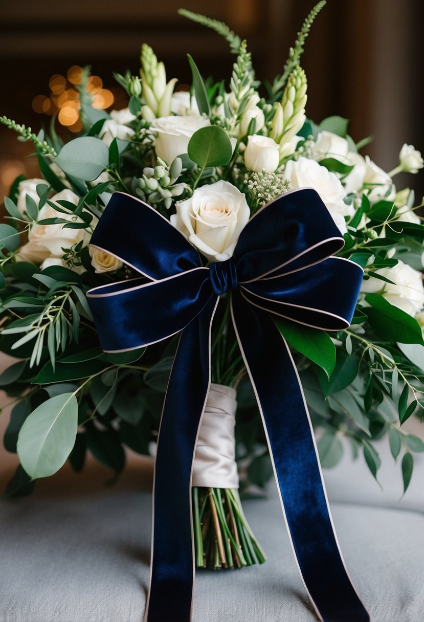 A navy velvet ribbon is elegantly wrapped around a lush wedding bouquet, adding a touch of sophistication and luxury to the arrangement