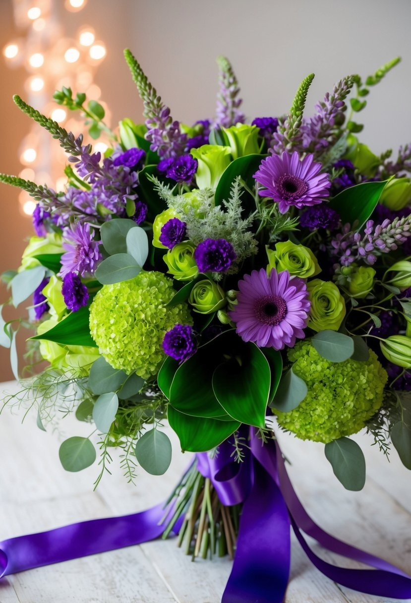 A vibrant bouquet of purple and green flowers arranged in a cascading style, with touches of delicate foliage and ribbon accents