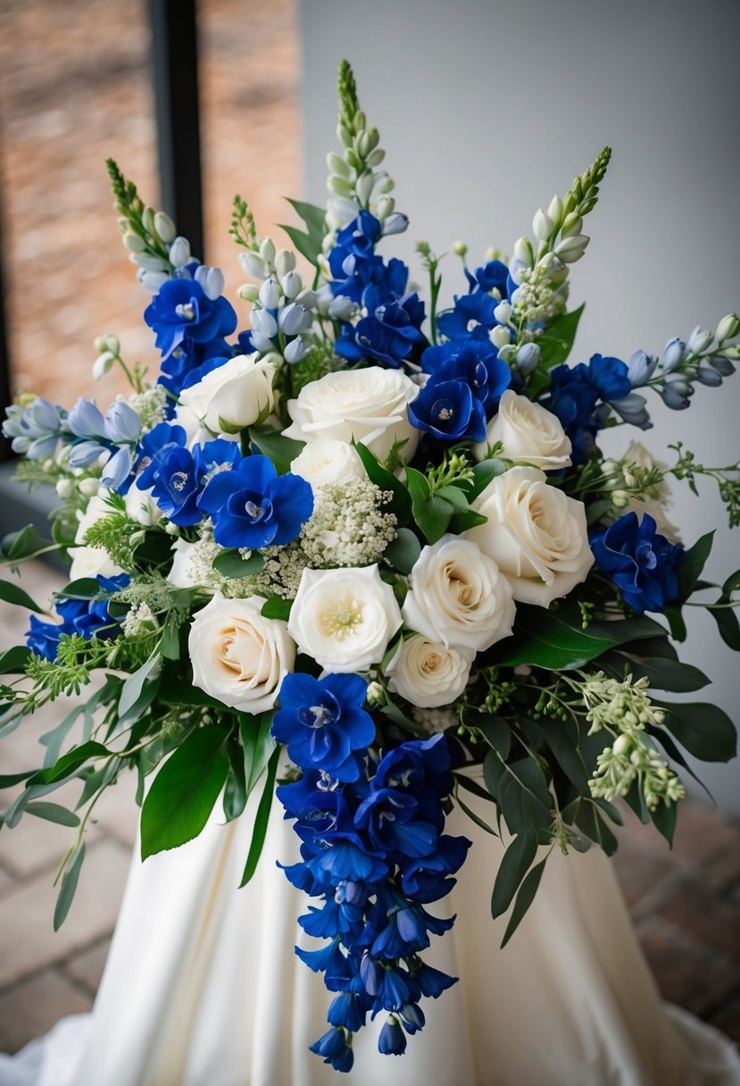 A navy and ivory wedding bouquet with delphiniums, roses, and greenery arranged in a cascading style